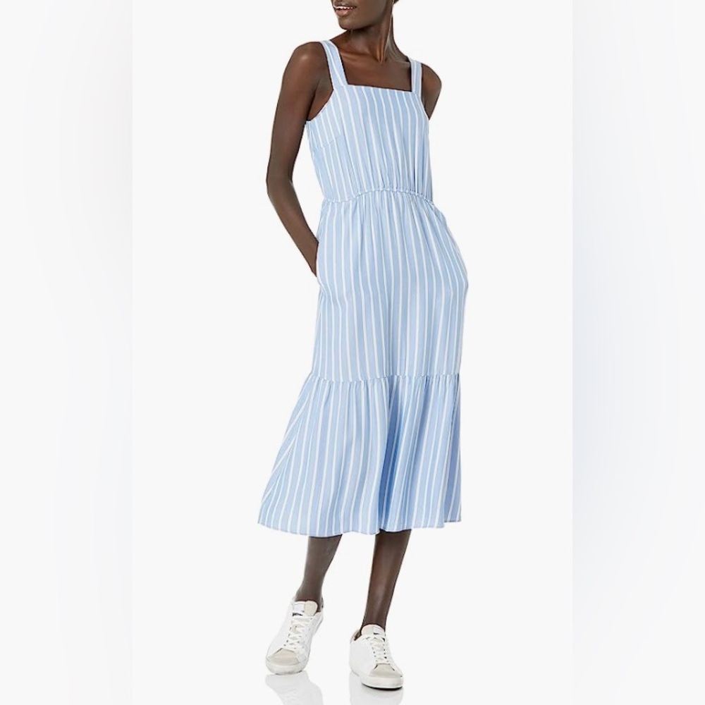 Amazon Essentials Light Blue Striped Midi Dress Fluid Twill Tiered Fit and Flare